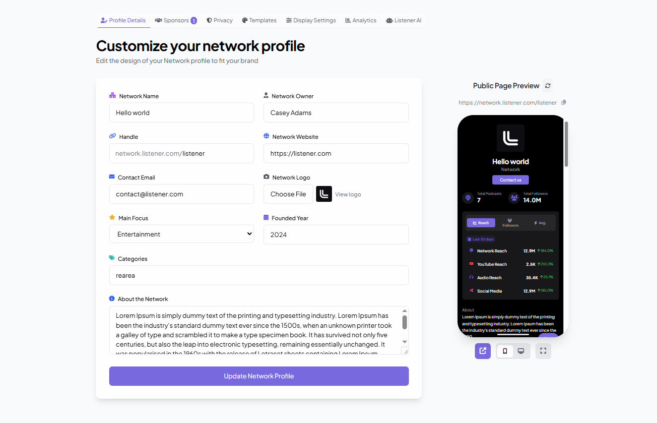 Network Profile page
