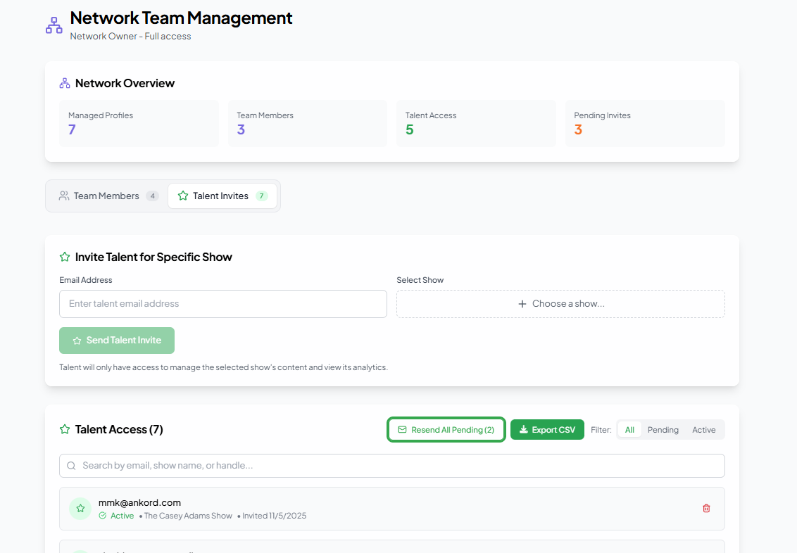 Talent invite form with show selector
